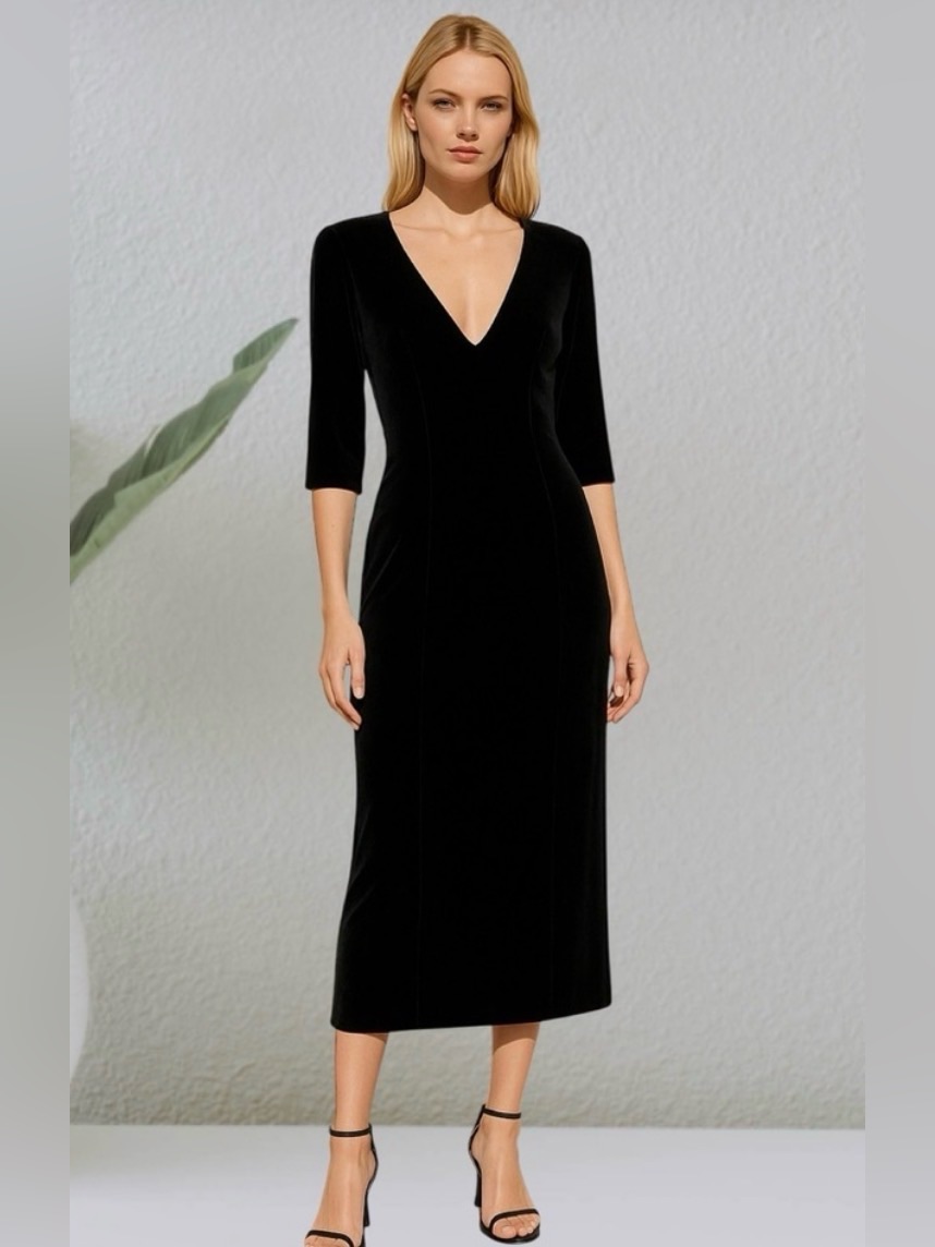 Vintage 90s Midnight Blue Stretch Velvet Midi Cocktail Dress Navy 6